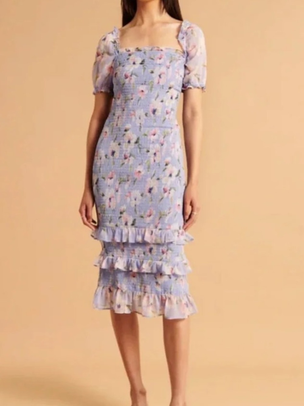 Abercrombie & Fitch Smocked Puff Sleeve Floral Midi Dress TALL